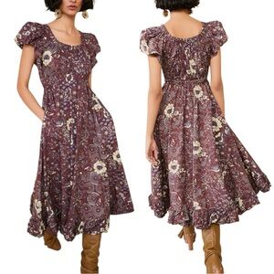 Ulla Johnson Plum Floral Puff-Sleeve Midi Dress